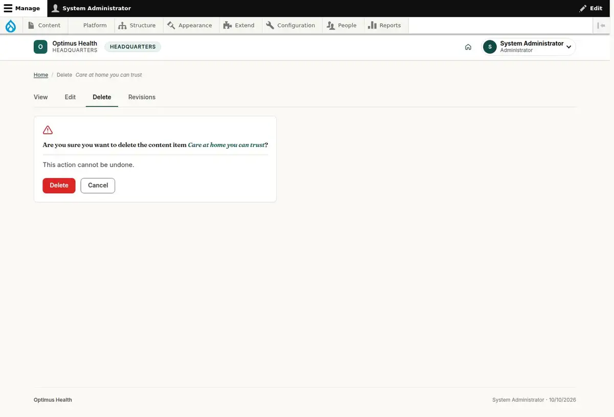 Are you sure you want to delete the content item Care at home you can trust?