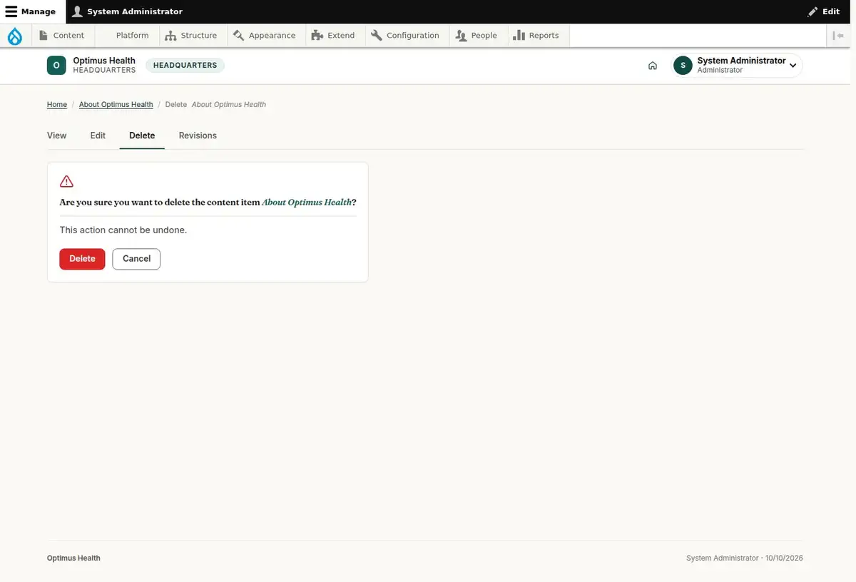 Are you sure you want to delete the content item About Optimus Health?