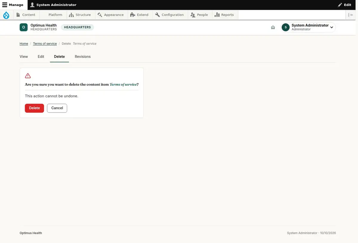 Are you sure you want to delete the content item Terms of service?