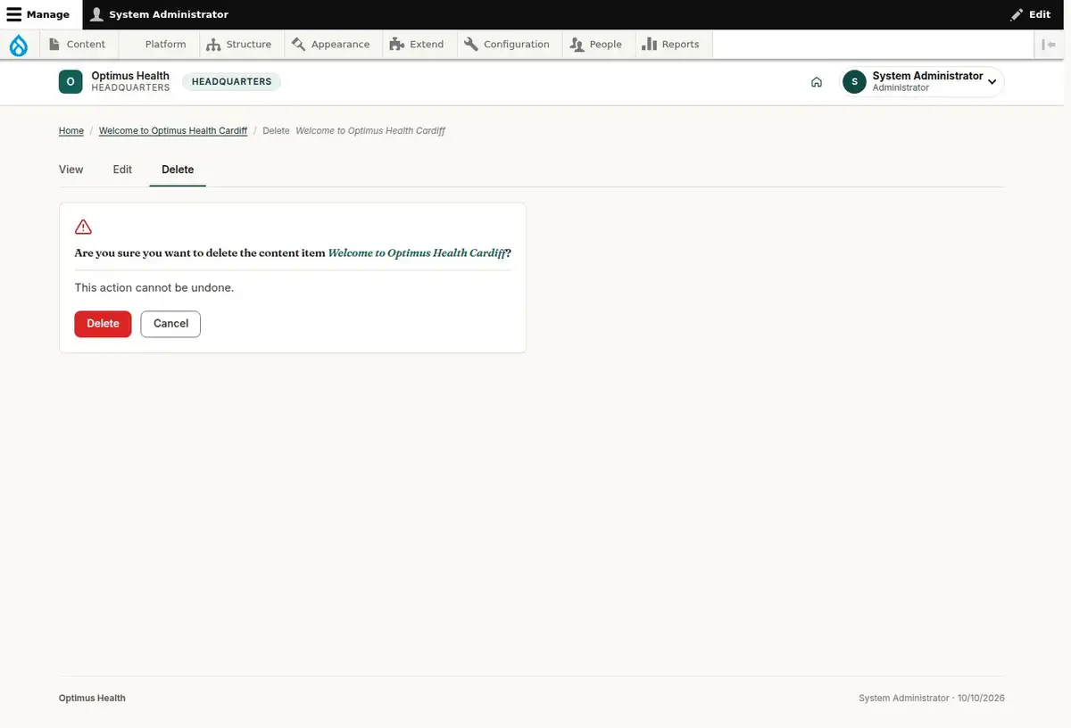 Are you sure you want to delete the content item Welcome to Optimus Health Cardiff?