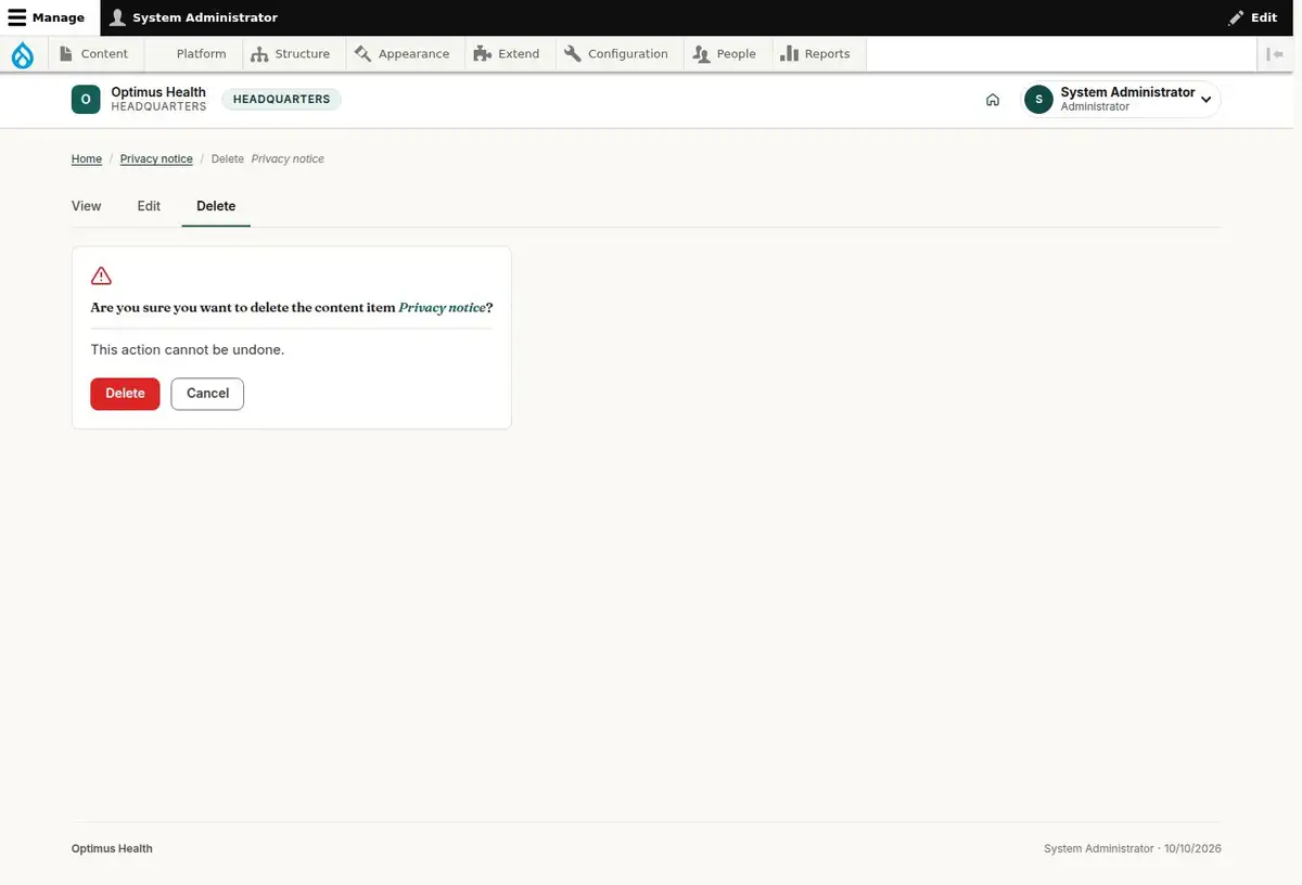 Are you sure you want to delete the content item Privacy notice?