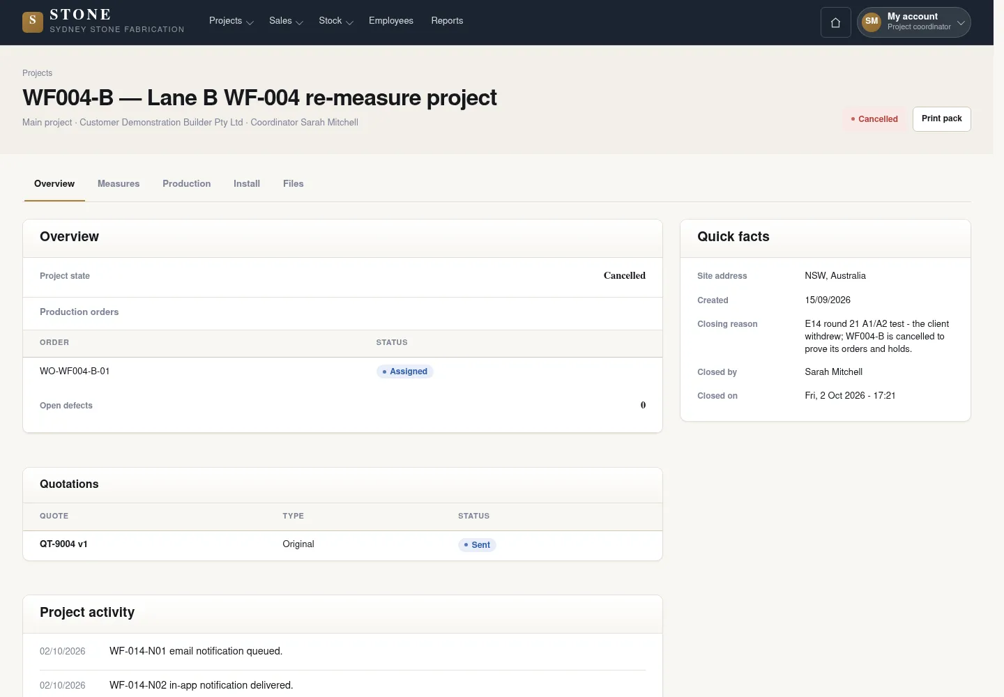 Cancel the project with a reason