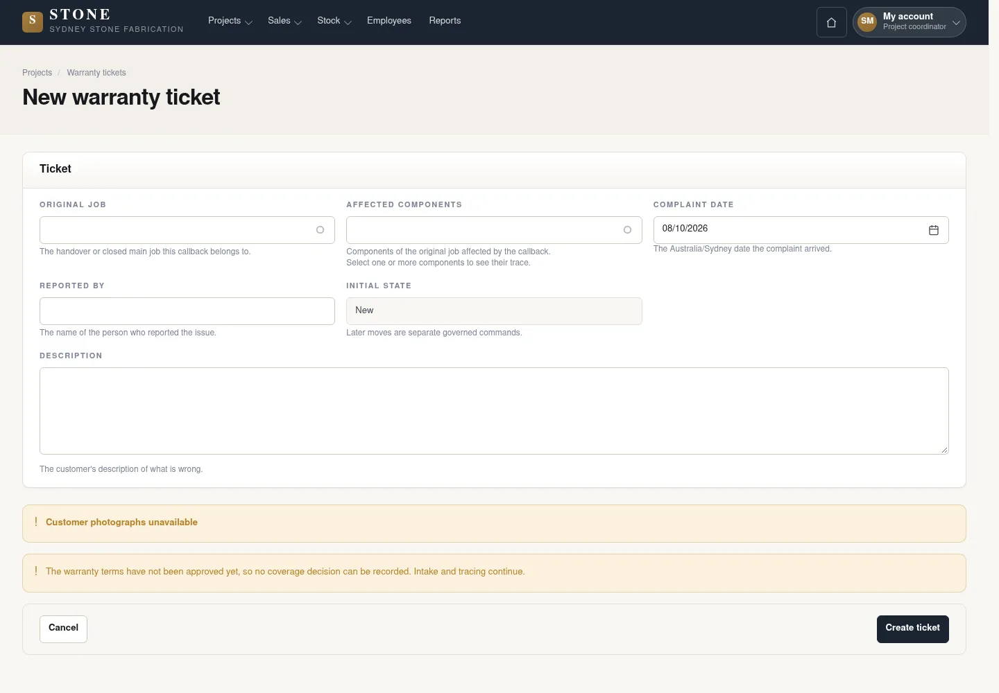 Create a new warranty ticket