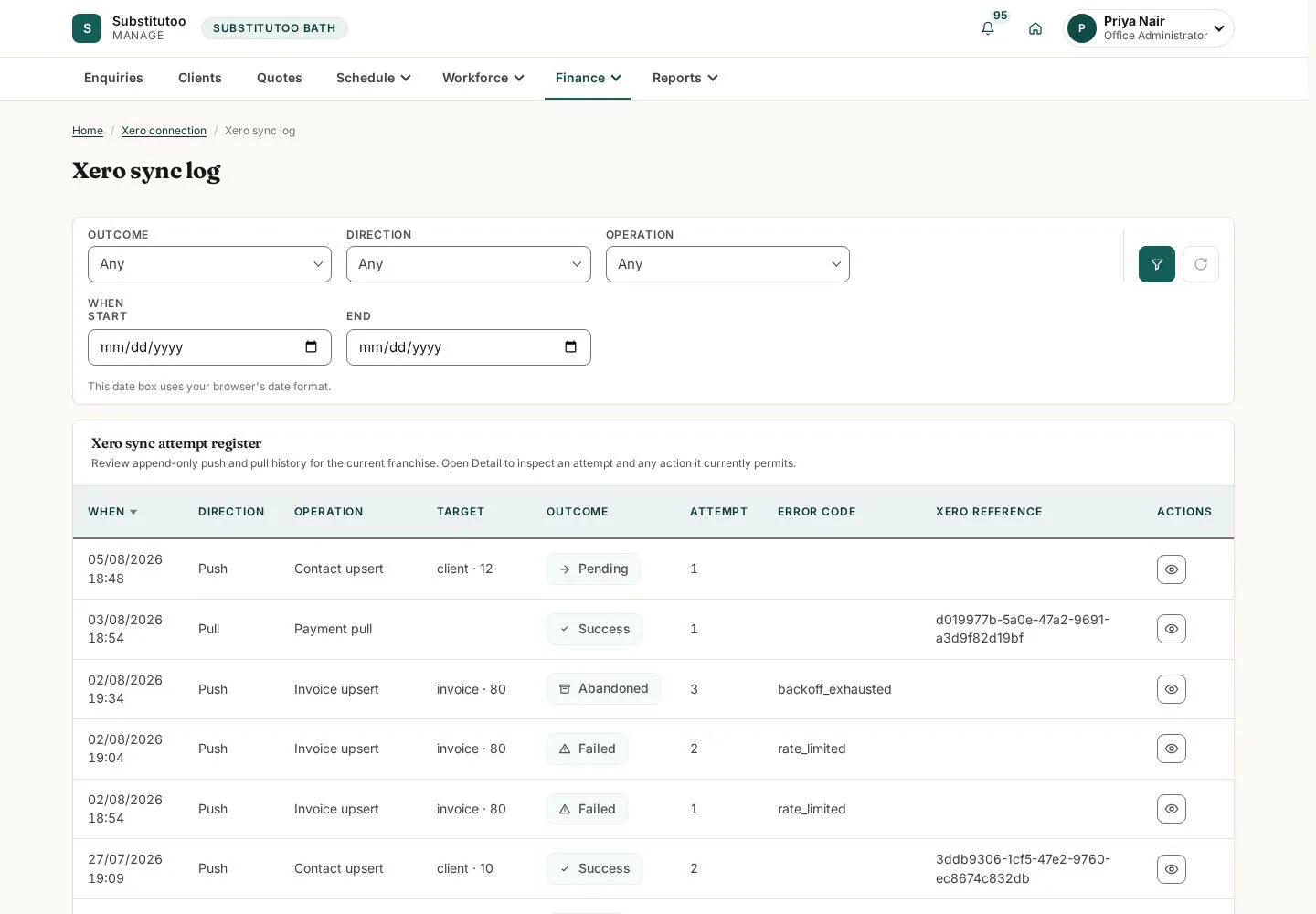 Inspect the Xero sync log