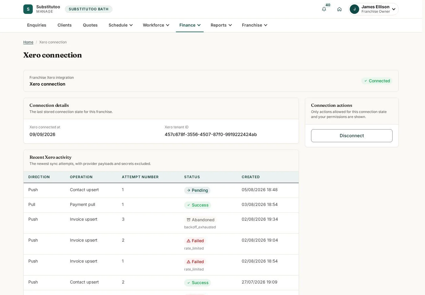 Review Xero connection status