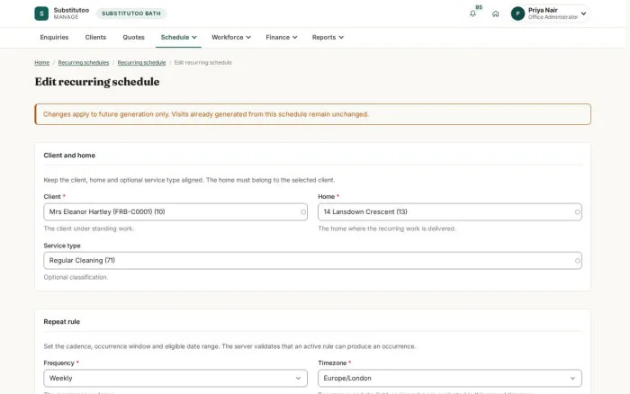 Edit recurring schedule