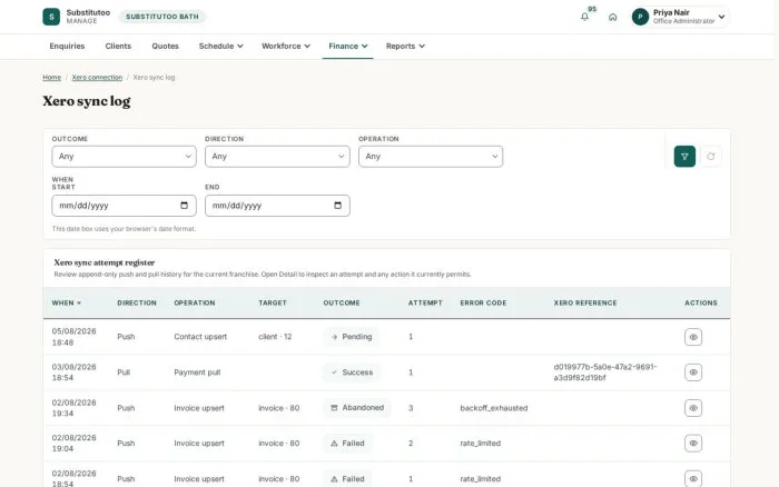 Xero sync log