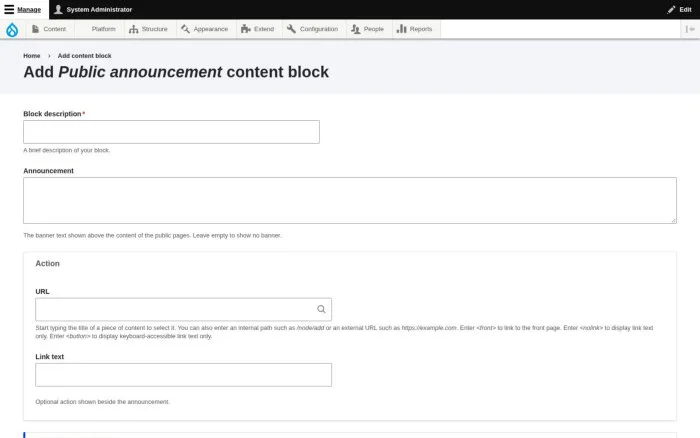 Add Public announcement content block