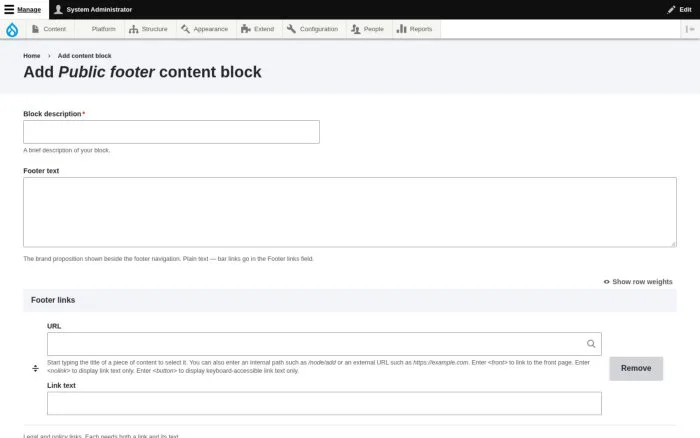 Add Public footer content block