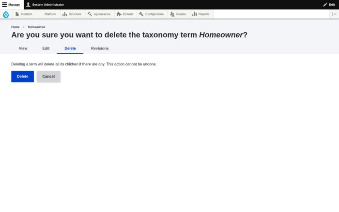 Are you sure you want to delete the taxonomy term Homeowner?